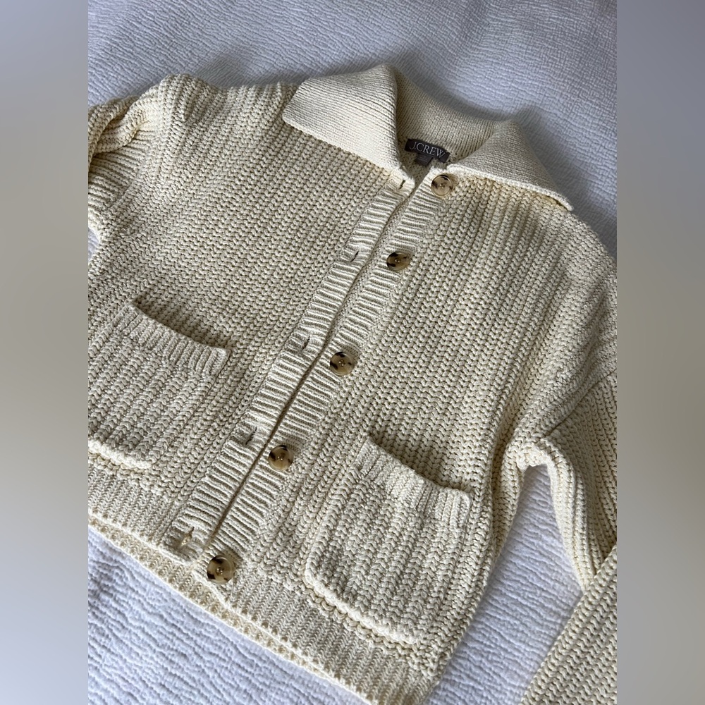J Crew Collard Crew Neck Cardigan Size Small Cream Ivory Knit Cotton